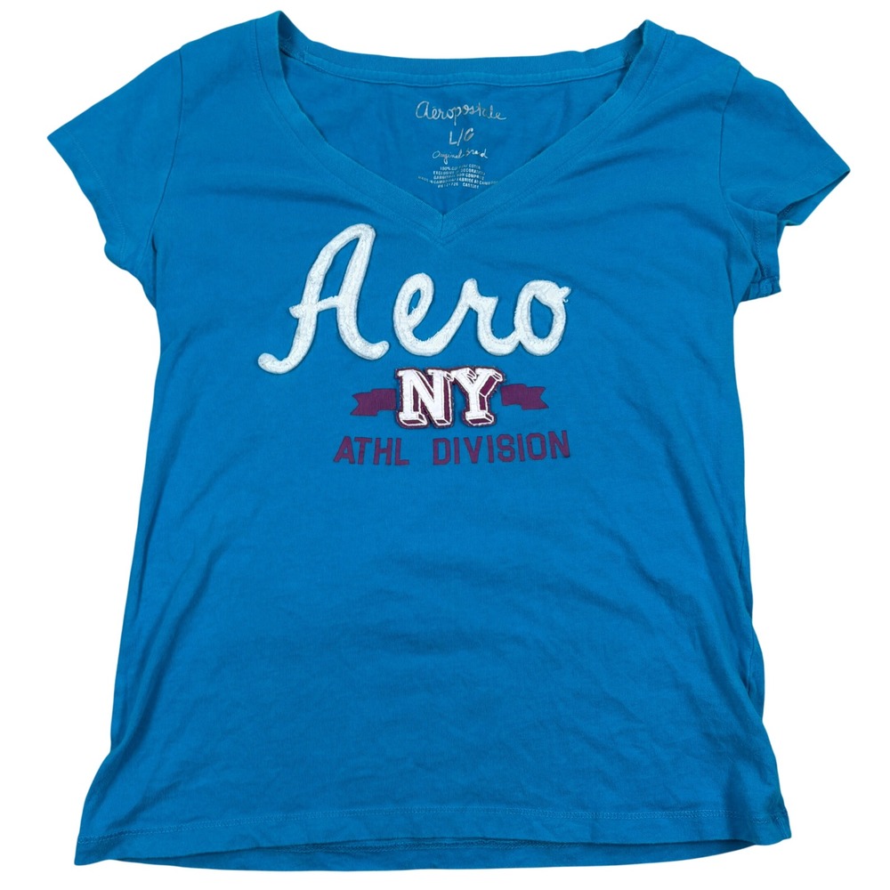 Aeropostale T-Shirt Womens Large Blue Aero NY Embroidery Y2K Preppy Athletic VTG